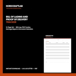 Trucking Document Organizer PDF | Bill of Lading Log, Proof of Delivery Tracker & Freight Claim Record | Owner Operator Printable
