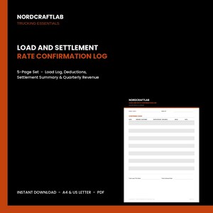 May include: A digital document template titled NORDCRAFTLAB TRUCKING ESSENTIALS LOAD AND SETTLEMENT RATE CONFIRMATION LOG. This 5-page set includes a load log, deductions, settlement summary, and quarterly revenue tracker in A4 and US Letter sizes.