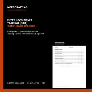 Op de afbeelding: Een 5-pagina tellende set documenten voor de naleving van de ELDT-training voor beginnende bestuurders door Nordcraftlab. De zwarte achtergrond bevat witte en oranje tekst, inclusief een checklist, trainingstracker en verificatie.