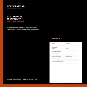 May include: A digital document titled NORDCRAFTLAB TRUCKING ESSENTIALS LOAD AND LANE PROFITABILITY DECISION SYSTEM. It includes a 6-page decision system for load evaluation, lane history, quick-check, and offer comparison, featuring a load evaluation worksheet.