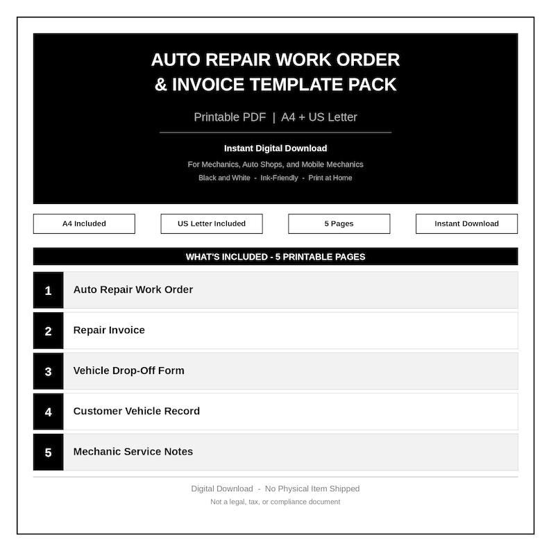 Auto Repair Work Order & Invoice Template | Mechanic Printable PDF ...