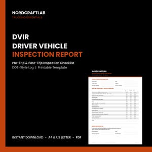 Könnte beinhalten: Eine druckbare Vorlage für einen Fahrer-Fahrzeug-Inspektionsbericht mit schwarzem Hintergrund und weißem sowie orangefarbenem Text. Das Dokument enthält Abschnitte für Fahrzeug- und Fahrerinformationen, eine Checkliste und eine Zertifizierung.