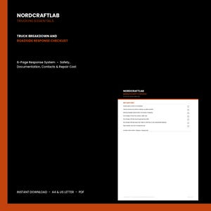 Könnte beinhalten: Ein digitales Dokument mit dem Titel NORDCRAFTLAB TRUCK BREAKDOWN AND ROADSIDE RESPONSE CHECKLIST. Der schwarze Hintergrund zeigt weißen und orangen Text, der ein 6-seitiges Antwortsystem beschreibt. Eine weiße Seite zeigt eine Sicherheitscheckliste.