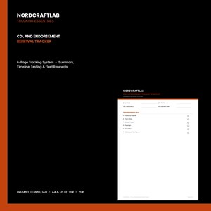 May include: A 6-page CDL and endorsement renewal tracker system by NORDCRAFTLAB. The document features a summary worksheet with fields for driver name, CDL number, class, and expiration date, plus a checklist for endorsements like hazardous materials.