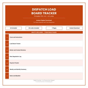 Dispatch Load Board Tracker Printable PDF, Trucking Load Log for Owner Operators, A4 US Letter