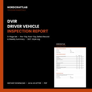 Könnte beinhalten: Ein digitales Fahrer-Fahrzeug-Inspektionsbericht-Set (DVIR) von Nordcraftlab. Der schwarze Hintergrund zeigt weißen und orangefarbenen Text, der ein 5-seitiges Set für Vorab- und Nachkontrollen, Mängelberichte und wöchentliche Zusammenfassungen beschreibt.