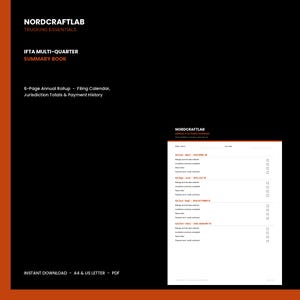 Könnte beinhalten: Ein digitales Zusammenfassungsbuch mit dem Titel NORDCRAFTLAB TRUCKING ESSENTIALS IFTA MULTI-QUARTER SUMMARY BOOK. Es enthält eine 6-seitige Jahresübersicht, einen Einreichungskalender, Zuständigkeitssummen und eine Zahlungshistorie.
