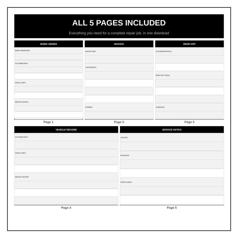 Auto Repair Work Order & Invoice Template | Mechanic Printable PDF ...