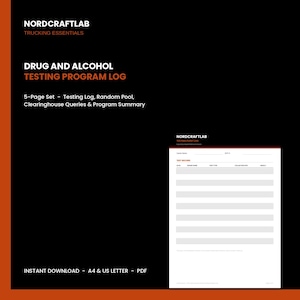May include: A 5-page drug and alcohol testing program log for trucking essentials by Nordcraftlab. The document includes a testing log, random pool, clearinghouse queries, and program summary, available as an instant download in PDF format.