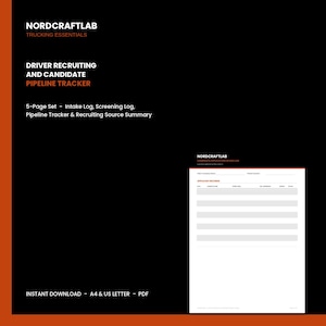 May include: A 5-page digital document set titled NORDCRAFTLAB TRUCKING ESSENTIALS DRIVER RECRUITING AND CANDIDATE PIPELINE TRACKER. The set includes an intake log, screening log, pipeline tracker, and recruiting source summary in A4 and US Letter PDF.