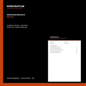 以下が含まれることがあります： Nordcraftlab Trucking Essentials Winter Weather Route Risk Logというタイトルの6ページのデジタル文書。この文書には、積荷の参照番号、出発日、および条件チェック用のフィールドを備えた、旅行前の天候とルートのリスク評価フォームが含まれています。