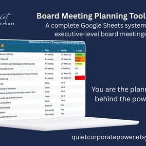 May include: A digital Board Meeting Planning Toolkit displayed on a laptop screen, featuring a Google Sheets workstream overview with task descriptions, phases, deadlines, and status indicators. Text includes Board Meeting Planning Toolkit.