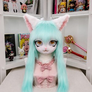 Mint Cat Fursuit Head Mask, Paw Gloves & Tail Set, Kemono Cosplay Costume