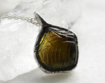 tourmaline necklace, carved tourmaline, sterling silver, hand carved, layering necklace, dainty necklace