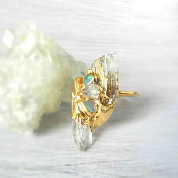 Kunzite ring - Gold dipped - White ring - Raw gemstone - Fire opal - Herkimer diamond - Statement ring