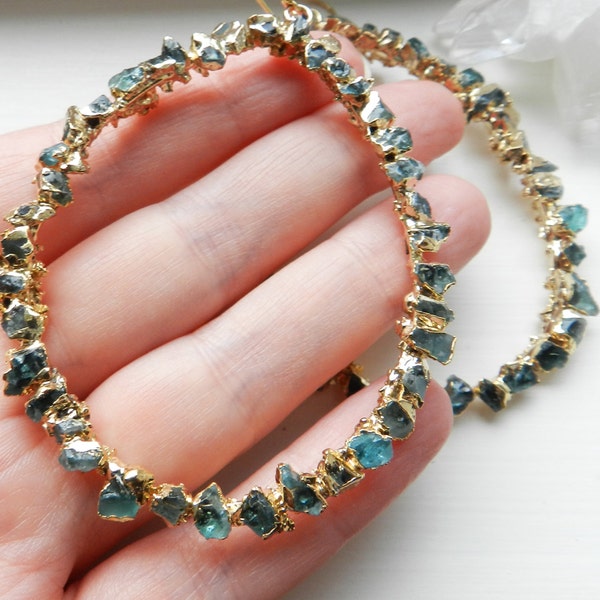 apatite earrings, hoop earrings, gold earrings, druzy earrings, statement jewelry, gold nugget, raw apatite