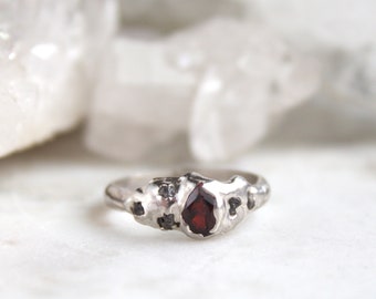 Garnet ring, minimalist jewelry, raw diamonds, red stone, silver jewelry, sterling silver, recycled silver