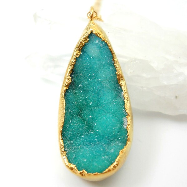 30% OFF SALE Neon emerald DRUZY necklace, 18k gold dipped