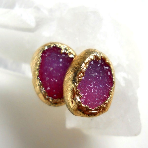 Pink druzy stud earrings - Gold-dipped - Druzy agate