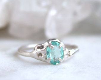 apatite ring, diamond ring, black diamond, raw diamond, neon apatite, silver ring, sterling silver, lost wax, gift for her