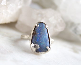 boulder opal ring, raw diamond ring, opal jewelry, silver jewelry, sterling silver, recycled silver