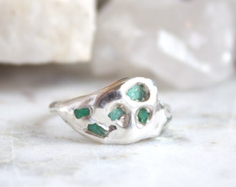 raw emerald ring, may birthstone, organic jewelry, green stone, silver ring, 999 pure silver, lost wax, gift for her