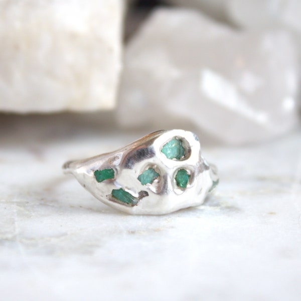 raw emerald ring, may birthstone, organic jewelry, green stone, silver ring, 999 pure silver, lost wax, gift for her