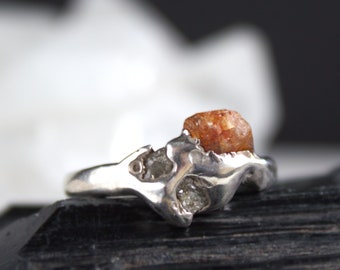 sapphire ring, raw diamond ring, orange sapphire, statement ring, raw sapphire, silver jewelry, sterling silver, recycled silver