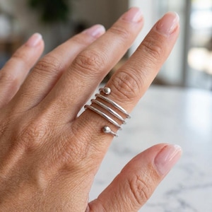 Long Swirl Design Ring, Adjustable Ring, Sterling Silver, Beautiful Ring, Stackable Ring, Handmade Jewelry, Ball End Jewelry, Charm Ring**