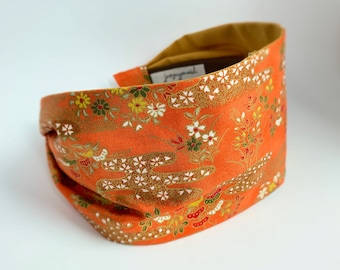 Japanese sakura Cherry Blossom fabric hair band - sakura hairband - orange headband with flowers water - quilt gate - metallic gold