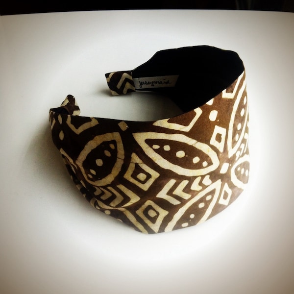 Batik fabric headband bohemian hair wrap  - brown taupe geometric tile boho - hand dyed batik cotton head wrap hippie hairband