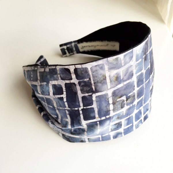 Batik Stoff Stirnband - Frauen Stirnbänder blau grau geometrische Quadrate Design - handgefärbte Batik Cotton Kopf wickeln Haarband