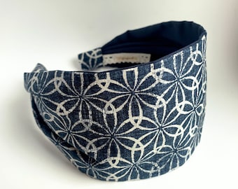 Japanese fabric headband faded blue linked flowers woven