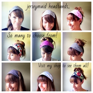 May include: A collage of nine images showcasing various jerseymaid headbands. The headbands feature diverse patterns, including stripes, floral designs, and solid colors. The text reads, "jerseymaid headbands... So many to choose from! Visit my shop to see them all!"