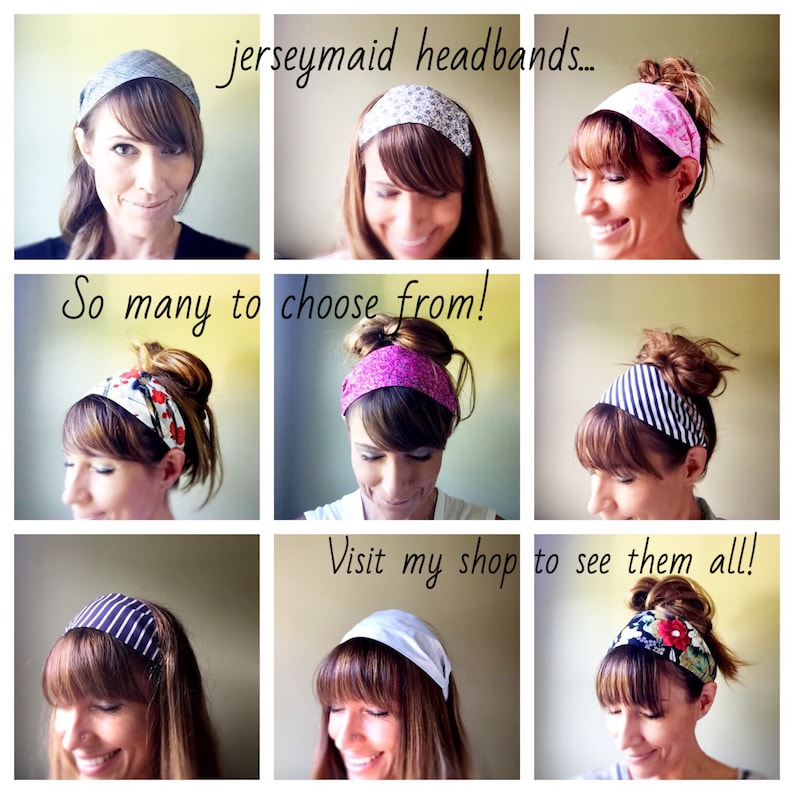 May include: A collage of nine images showcasing various jerseymaid headbands. The headbands feature diverse patterns, including stripes, floral designs, and solid colors. The text reads, "jerseymaid headbands... So many to choose from! Visit my shop to see them all!"