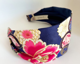 Japanese sakura Cherry Blossom fabric hair band - sakura hairband - blue headband with flowers - quilt gate - metallic gold