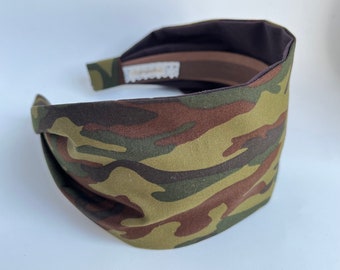 Camo headband for women camouflage hairband adult  woman hair band dark green alice bands 3.35 inch wide .  fabric made in Japan