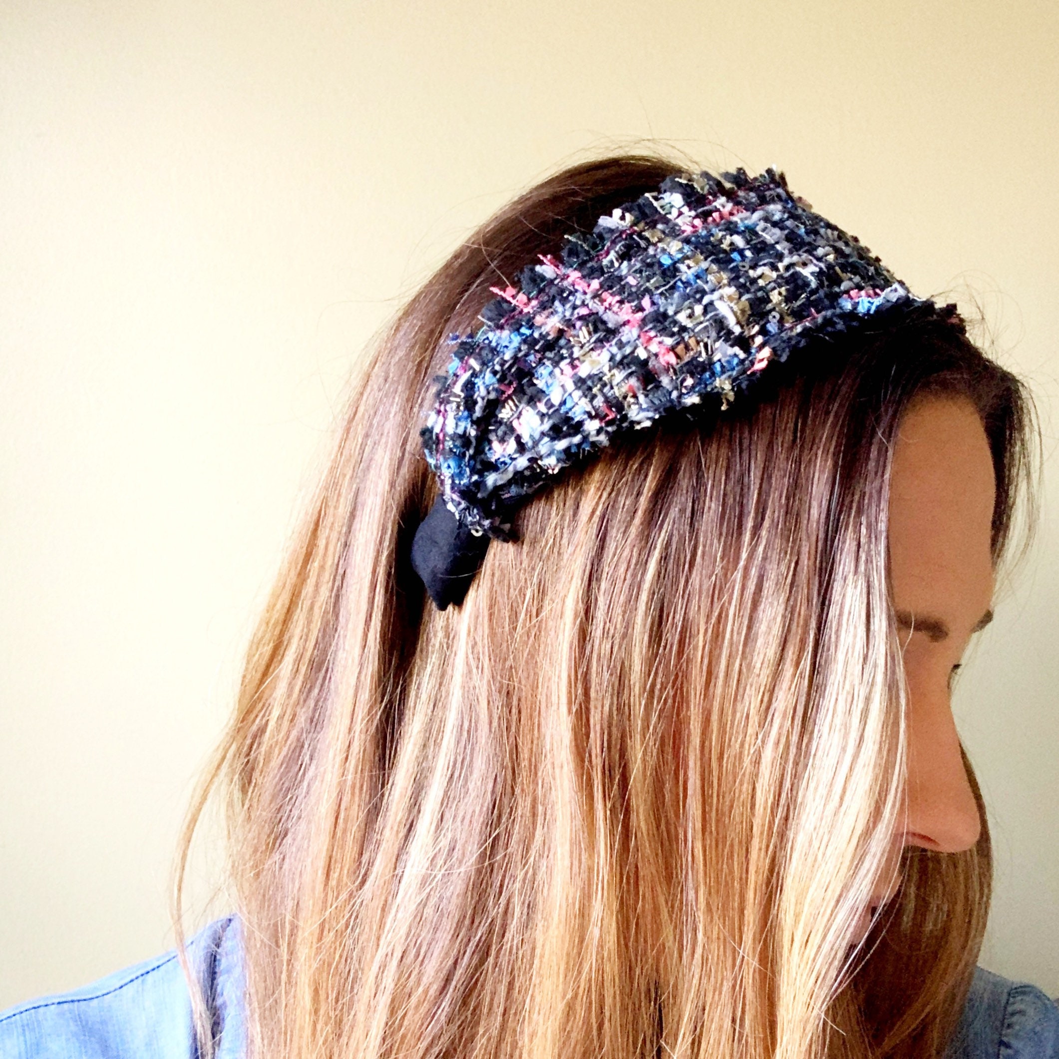 Raw edge tweed woven fabric headband for women preppy hairband Etsy