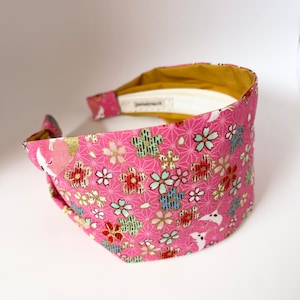 Womens wide headband Japanese Cherry Blossom fabric hair band - hot pink sakura jerseymaid head band with flowers - spring summer crane