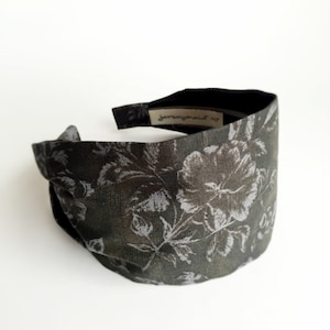 Charcoal grey womans headband hair wrap turban cotton hairband  grey fabric flowers unique hair accessories for short hair head covering