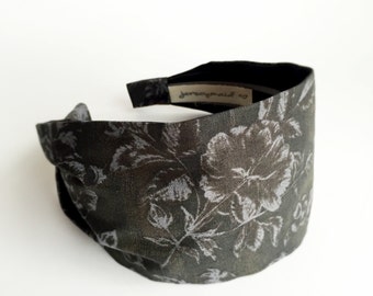 Charcoal grey womans headband hair wrap turban cotton hairband  grey fabric flowers unique hair accessories for short hair head covering