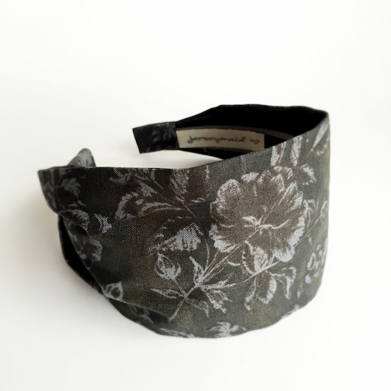 Charcoal Grey Womans Headband Hair Wrap Turban Cotton Hairband Neutral Dark Grey Fabric With Flowers Unique Hair Accessories For Short Hair