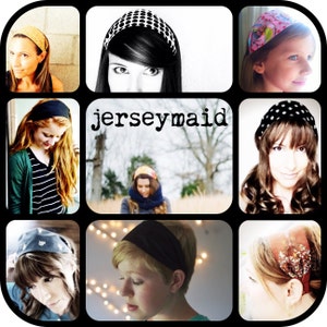 May include: A collage of images featuring different styles of headbands. The headbands are made of various fabrics and patterns, including polka dots, floral prints, and solid colors. The text "jerseymaid" is displayed in the center of the collage.