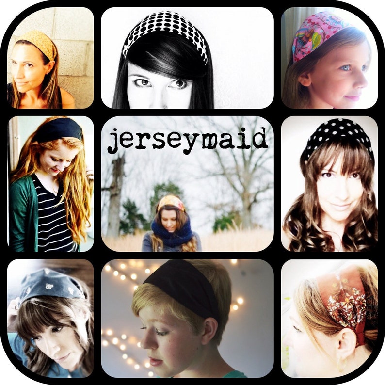 May include: A collage of images featuring different styles of headbands. The headbands are made of various fabrics and patterns, including polka dots, floral prints, and solid colors. The text "jerseymaid" is displayed in the center of the collage.