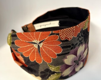 Headbands for women - Japanese fabric headband - Japanese dobby cotton black taupe purple orange floral 3.25 inch wide