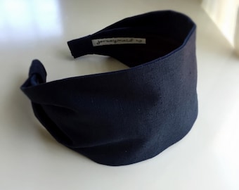 Navy Blue Linen Headband: Wide Cotton Blend Hair Band Handmade Hairband for Women