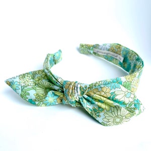 Floral Headbands for women with bow narrow side knot headband Women&#39;s Fabric Headband  topknot bow Adult headband woman Green London Calling
