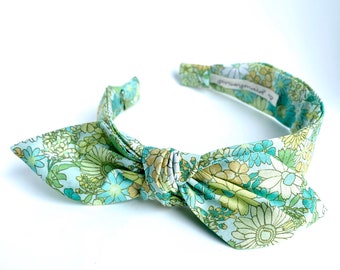 Floral Headbands for women with bow narrow side knot headband Women's Fabric Headband  topknot bow Adult headband woman Green London Calling