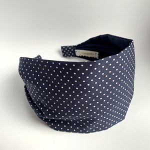 Polka dot headband polka dots hairband fabric blue with white polka dots dotted head band navy hairband with white dots blue and white