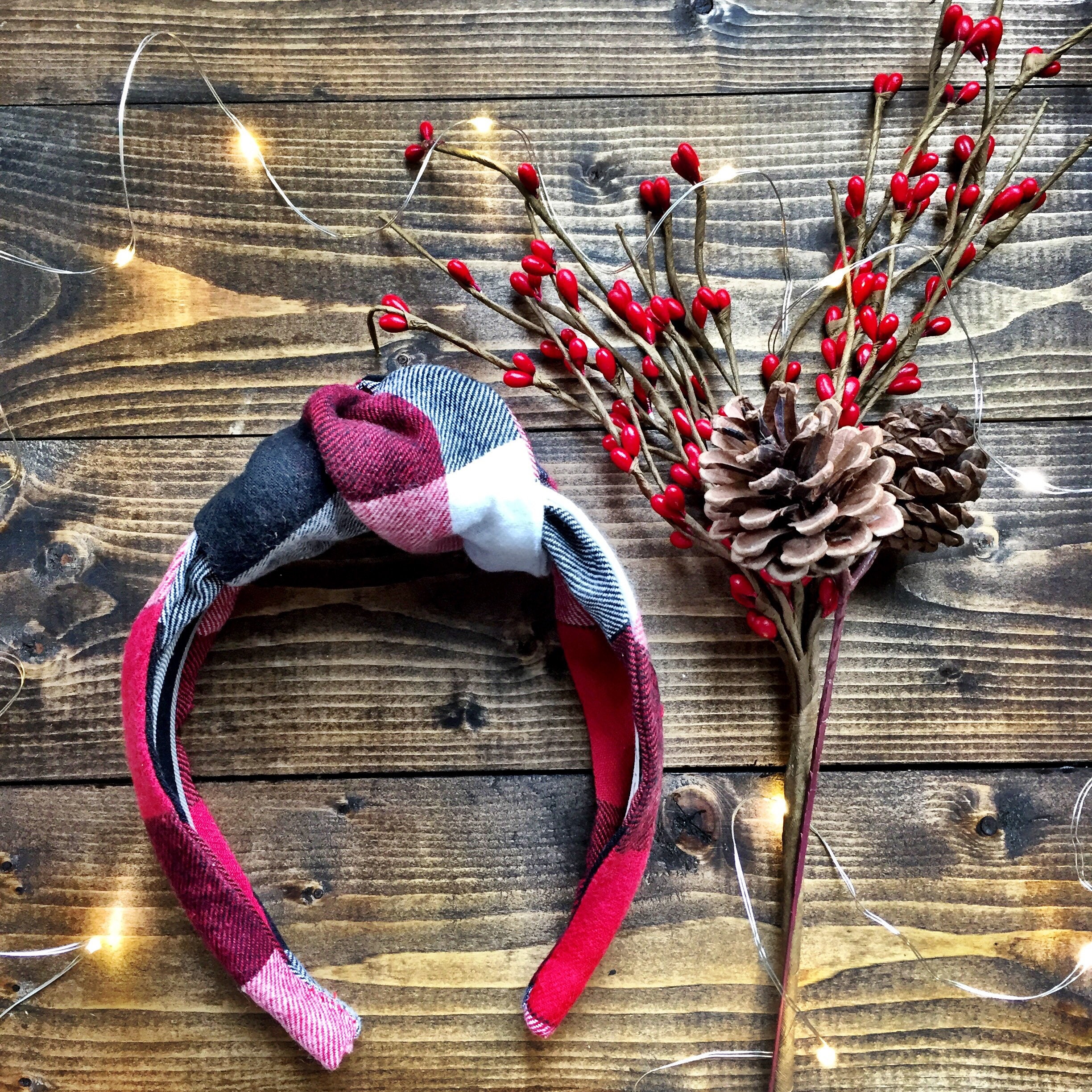 Buffalo Plaid Top Knot Headband Red Black & White 40 display picture 2